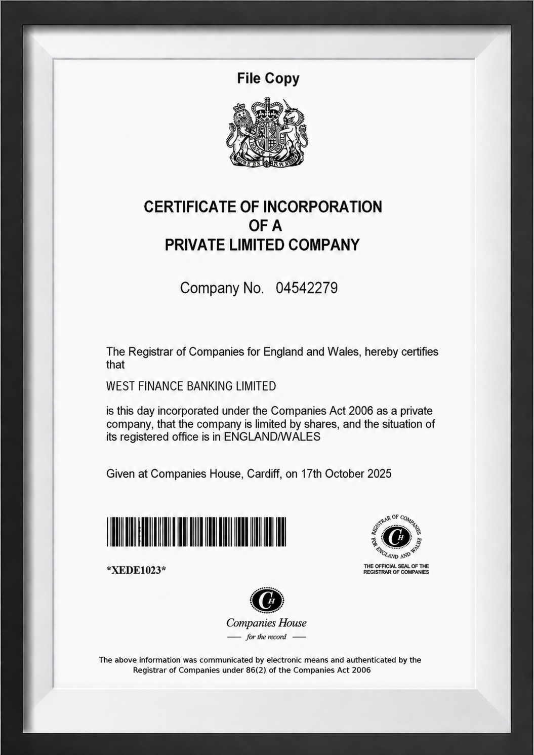 WestFinanceBank Company Certification